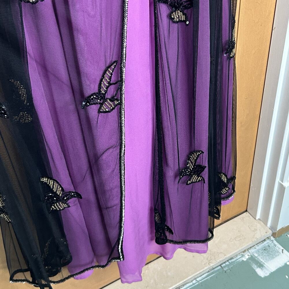 J Peterman Formal Dress M Purple Black Overlay Beads Sequins Birds Long Whimsy - Picture 5 of 9